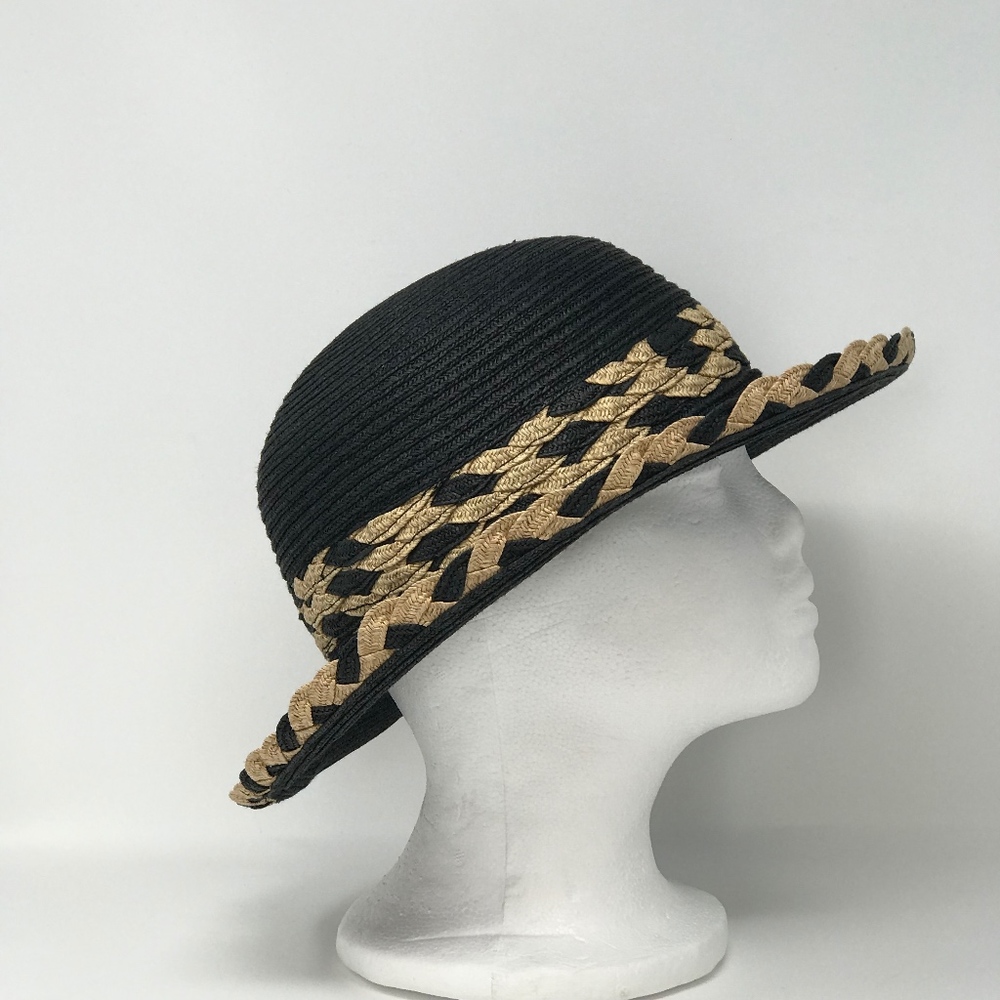 Womens Vintage Breton Style Black Tan Woven Hat